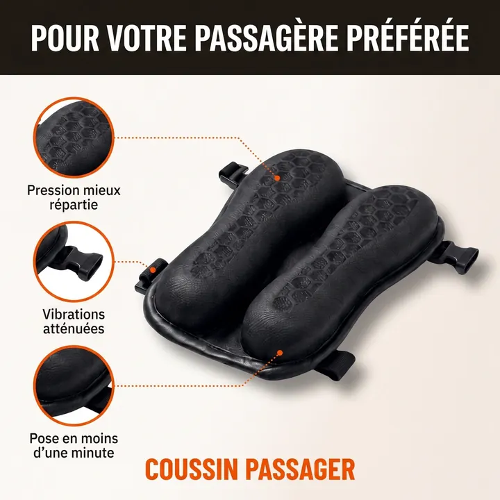 Coussin Passager : pression mieux répartie, vibrations atténuées, pose en moins d'une minute
