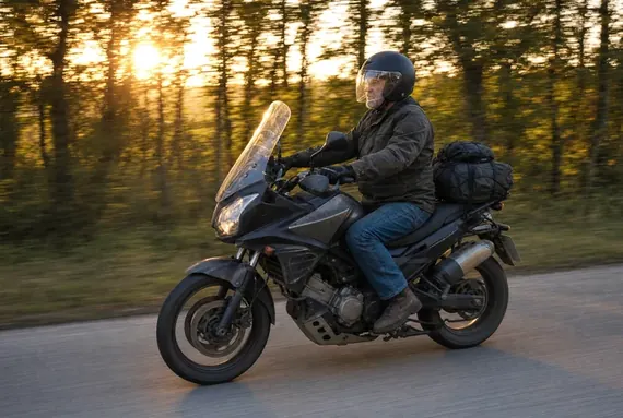 Motard sur une routière chargée, longue route au coucher du soleil